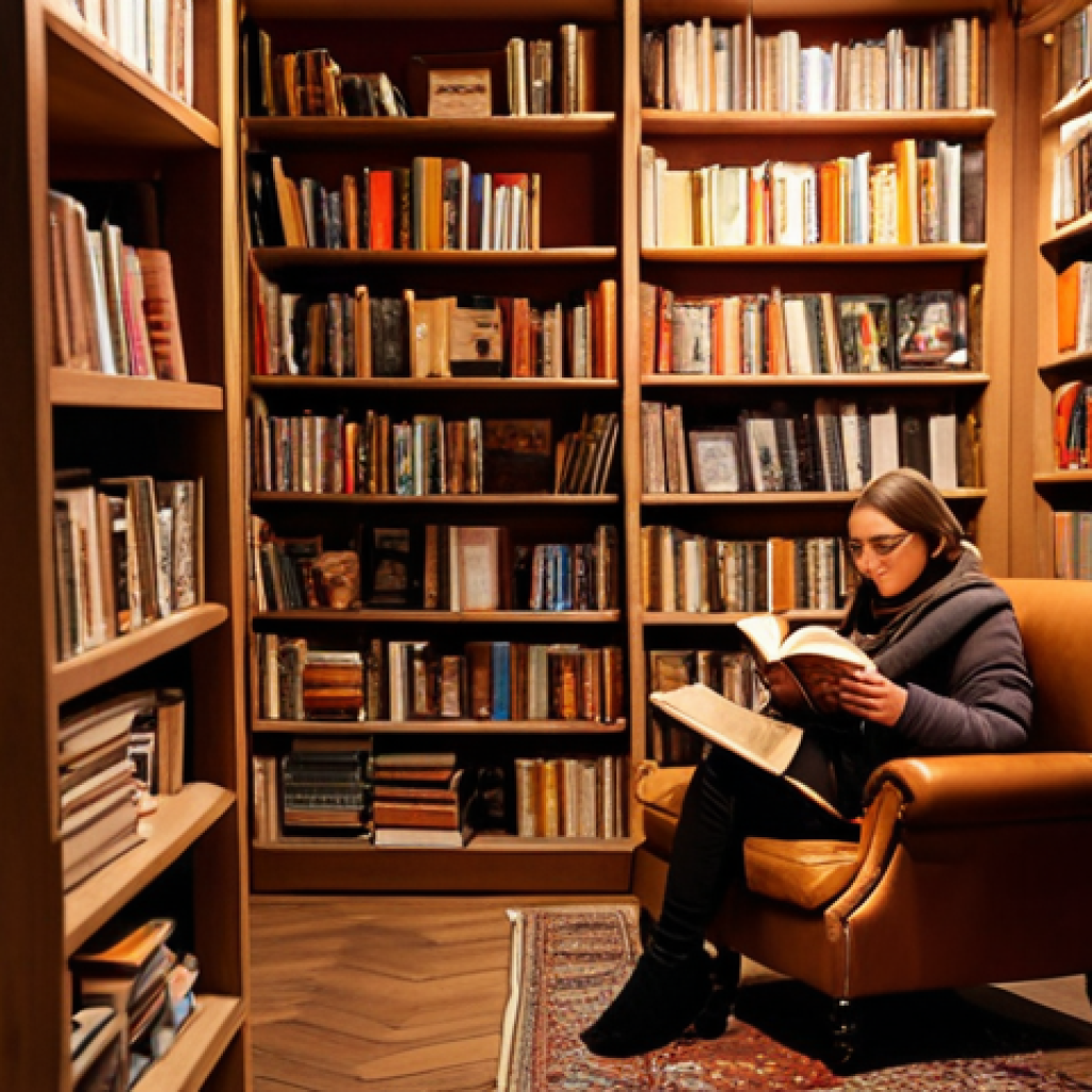 **A cozy independent bookstore in Germany during winter. Warm lighting highlights shelves overflowing with books. A person sits comfortably in a reading nook, sipping coffee.**
