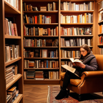 **A cozy independent bookstore in Germany during winter. Warm lighting highlights shelves overflowing with books. A person sits comfortably in a reading nook, sipping coffee.**