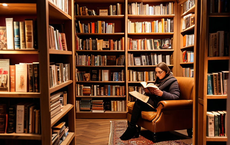 **A cozy independent bookstore in Germany during winter. Warm lighting highlights shelves overflowing with books. A person sits comfortably in a reading nook, sipping coffee.**