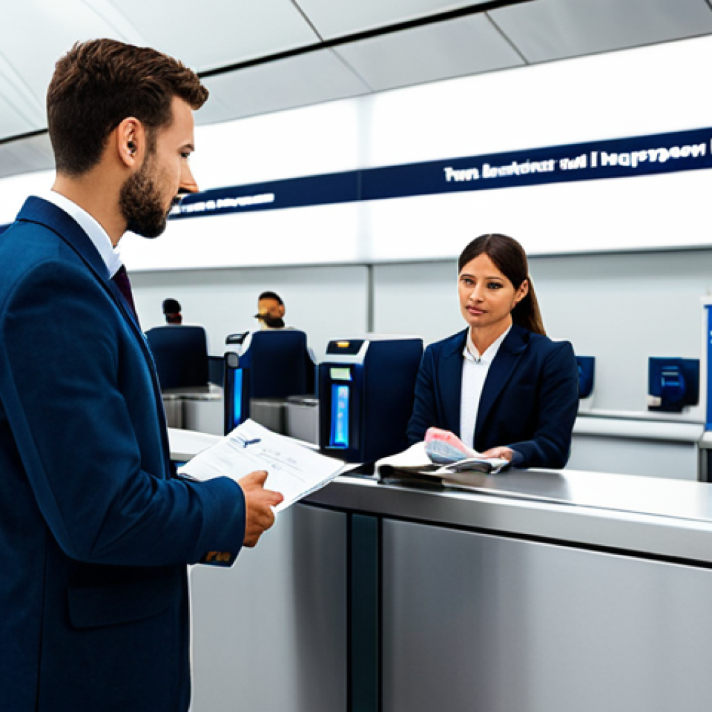 A professional male traveler, fully clothed in a crisp, modest business casual outfit, stands attentively at a sleek, modern airport passport control counter. He holds a passport and a document in his well-formed hands, engaging in a calm, focused interaction with a professional customs officer visible in the background. The environment is a well-lit, clean airport interior, featuring subtle informational signs and a few other travelers maintaining appropriate distance. The image emphasizes a smooth and efficient travel process, showcasing perfect anatomy, correct proportions, and a natural pose. This scene is safe for work, appropriate content, fully clothed, and professional, captured with high-quality photography.