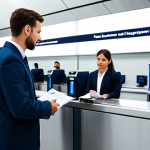A professional male traveler, fully clothed in a crisp, modest business casual outfit, stands attentively at a sleek, modern airport passport control counter. He holds a passport and a document in his well-formed hands, engaging in a calm, focused interaction with a professional customs officer visible in the background. The environment is a well-lit, clean airport interior, featuring subtle informational signs and a few other travelers maintaining appropriate distance. The image emphasizes a smooth and efficient travel process, showcasing perfect anatomy, correct proportions, and a natural pose. This scene is safe for work, appropriate content, fully clothed, and professional, captured with high-quality photography.