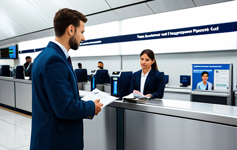 A professional male traveler, fully clothed in a crisp, modest business casual outfit, stands attentively at a sleek, modern airport passport control counter. He holds a passport and a document in his well-formed hands, engaging in a calm, focused interaction with a professional customs officer visible in the background. The environment is a well-lit, clean airport interior, featuring subtle informational signs and a few other travelers maintaining appropriate distance. The image emphasizes a smooth and efficient travel process, showcasing perfect anatomy, correct proportions, and a natural pose. This scene is safe for work, appropriate content, fully clothed, and professional, captured with high-quality photography.