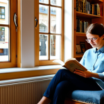 A person, fully clothed in modest, comfortable attire, sitting peacefully in a sunlit reading nook within a traditional German bookstore. The nook features warm wooden shelves overflowing with books, soft natural light streaming through large windows, and a cozy armchair. The atmosphere is quiet and inviting, with a subtle hint of paper smell. The person is holding an open book, deeply immersed in reading. perfect anatomy, correct proportions, natural pose, well-formed hands, proper finger count, professional photography, high quality, safe for work, appropriate content, family-friendly.