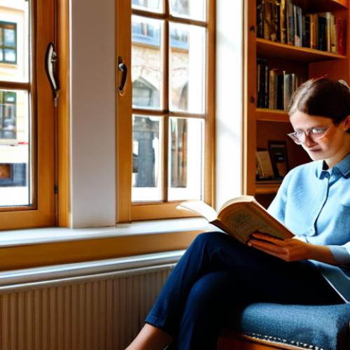 Home 28 A person, fully clothed in modest, comfortable attire, sitting peacefully in a sunlit reading nook within a traditional German bookstore. The nook features warm wooden shelves overflowing with books, soft natural light streaming through large windows, and a cozy armchair. The atmosphere is quiet and inviting, with a subtle hint of paper smell. The person is holding an open book, deeply immersed in reading. perfect anatomy, correct proportions, natural pose, well-formed hands, proper finger count, professional photography, high quality, safe for work, appropriate content, family-friendly.
