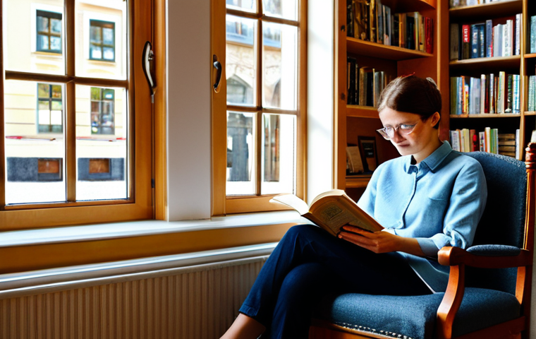 A person, fully clothed in modest, comfortable attire, sitting peacefully in a sunlit reading nook within a traditional German bookstore. The nook features warm wooden shelves overflowing with books, soft natural light streaming through large windows, and a cozy armchair. The atmosphere is quiet and inviting, with a subtle hint of paper smell. The person is holding an open book, deeply immersed in reading. perfect anatomy, correct proportions, natural pose, well-formed hands, proper finger count, professional photography, high quality, safe for work, appropriate content, family-friendly.