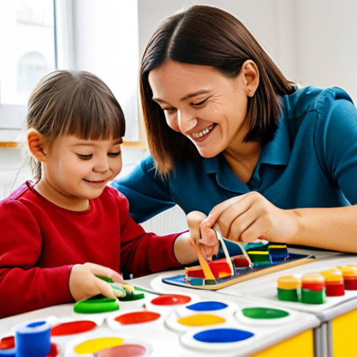 Home 27 A diverse group of young children, aged 2-5, happily engaged in a creative activity like painting or building blocks in a bright, modern German kindergarten classroom. A kind female pedagogue with a warm smile is gently supervising the children. The room is filled with colorful educational toys and art supplies, with natural light streaming through large windows. All subjects are fully clothed in comfortable, child-appropriate, modest clothing. safe for work, appropriate content, family-friendly, perfect anatomy, correct proportions, natural pose, well-formed hands, proper finger count, natural body proportions, professional photography, high quality.