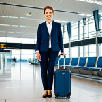 **

"A professional woman wearing a modest business casual outfit, standing in a modern airport terminal in Germany, holding a travel coffee mug, roller suitcase beside her, looking confidently at the camera. Bright, airy, safe for work, appropriate content, fully clothed, professional, perfect anatomy, correct proportions, well-formed hands, proper finger count, natural pose, high resolution."

**