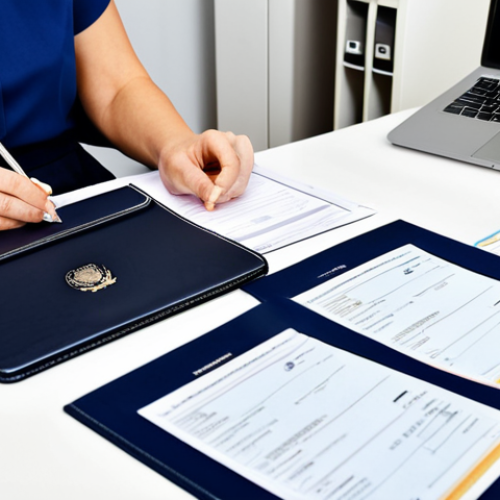 Home 25 Preparing Documents**
"A fully clothed individual, professional attire, sitting at a desk organizing official documents like a passport, application form, and plane ticket. A laptop is open with the German embassy website visible. The scene takes place in a bright, tidy home office. Safe for work, appropriate content, perfect anatomy, natural proportions, modest, family-friendly, high quality."
**
