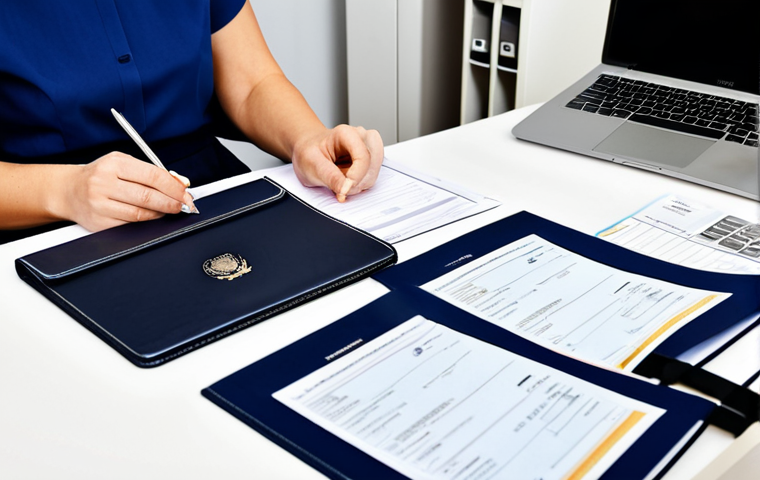 Preparing Documents**
"A fully clothed individual, professional attire, sitting at a desk organizing official documents like a passport, application form, and plane ticket. A laptop is open with the German embassy website visible. The scene takes place in a bright, tidy home office. Safe for work, appropriate content, perfect anatomy, natural proportions, modest, family-friendly, high quality."
**